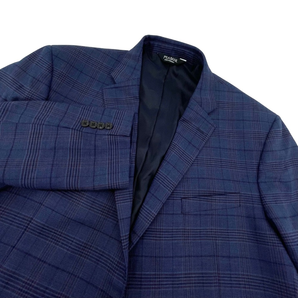 Jos A Bank Traveler Sport Coat Mens 48R Blue Plaid Tailored Fit Wool Blazer
